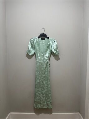 Cider Mint Green Satin Floral Wrap Dress